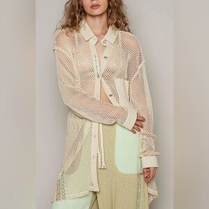 POL Cream Color Mesh Button Down Long Sleeve Cover-Up Size LARGE NEW